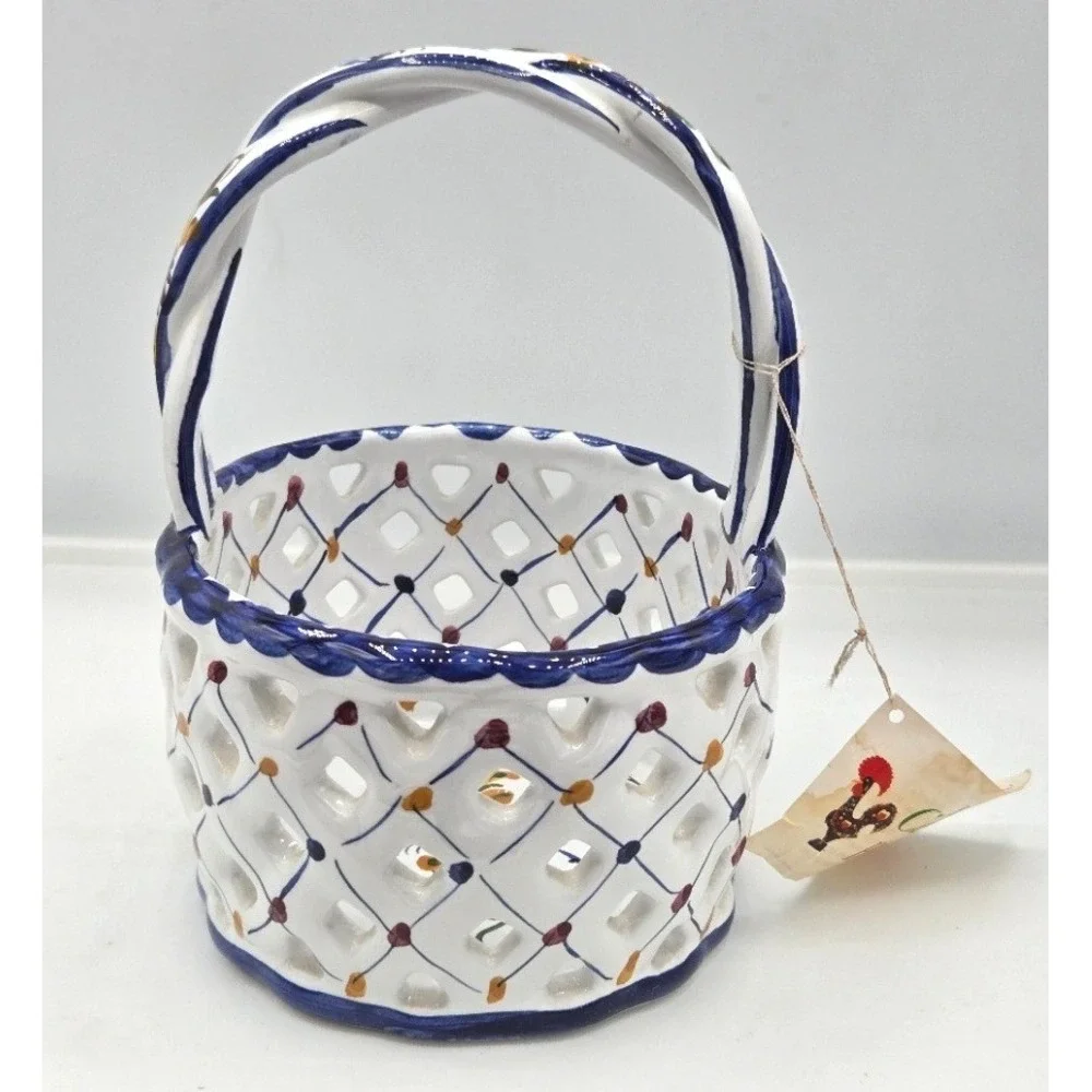 Vintage Portugal Hand Painted Reticulated Ceramic Basket Open Weave Figurine